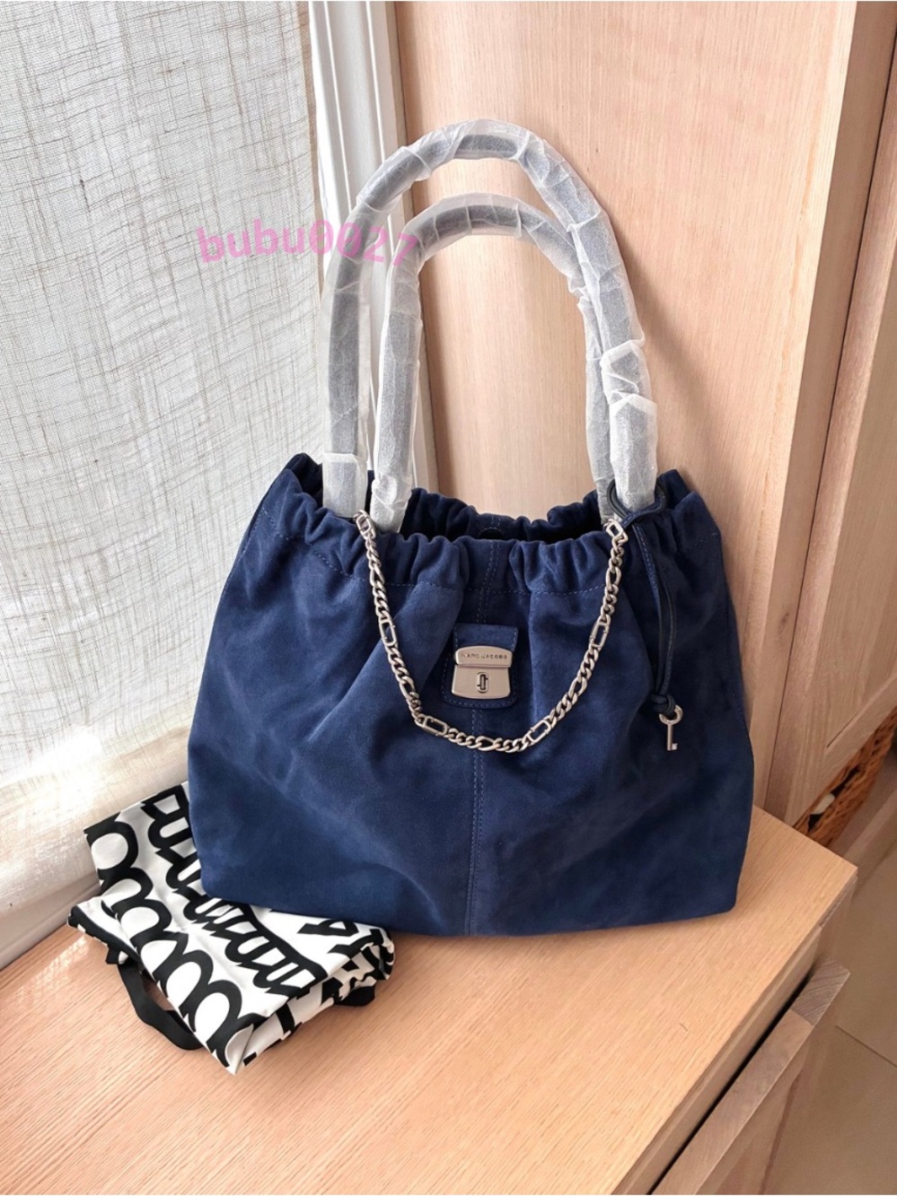 NWT🦋Marc Jacobs The Cristina Italian Suede Tote Bag Navy Blue Chain Charm Y2k